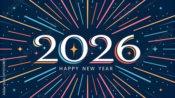 Obraz Happy new year 2026 greeting card with colorful rays on dark background