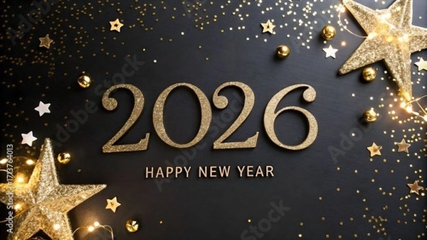 Obraz Happy new year 2026 with golden stars and confetti on black background