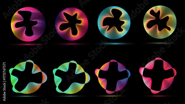 Fototapeta Vibrant Neon Circle Waves Set – Glowing Multicolor Spectrum Rings & Futuristic Light Frames on Black Tech Background. Glowing neon circles with dynamic wave lines.
