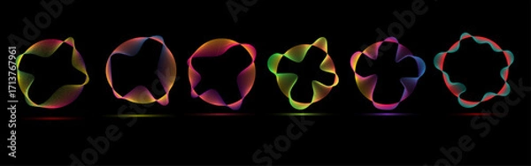 Fototapeta Vibrant Neon Circle Waves Set – Glowing Multicolor Spectrum Rings & Futuristic Light Frames on Black Tech Background. Glowing neon circles with dynamic wave lines.
