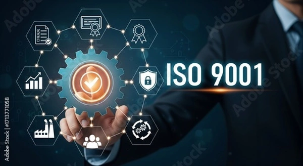 Fototapeta ISO 9001 Quality Management Concept — Glowing Gear, Certification Ribbon and Holographic