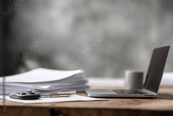 Fototapeta close-up of a desk in an office with documents, a laptop, and a phone on it, against a gray background, minimalistic style.