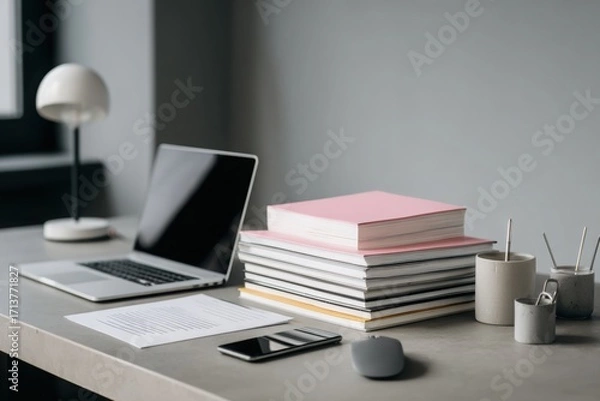 Fototapeta close-up of a desk in an office with documents, a laptop, and a phone on it, against a gray background, minimalistic style.