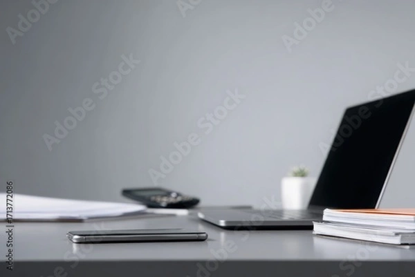 Fototapeta close-up of a desk in an office with documents, a laptop, and a phone on it, against a gray background, minimalistic style.