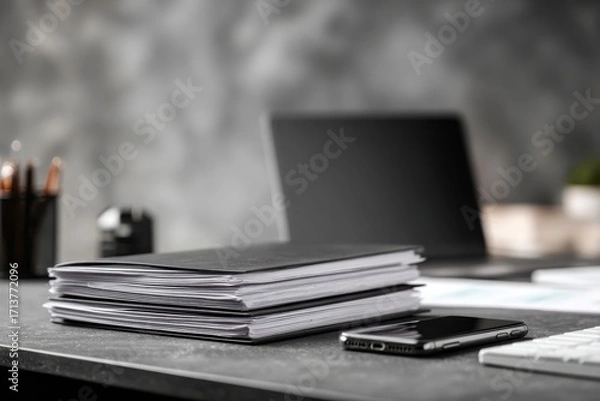 Fototapeta close-up of a desk in an office with documents, a laptop, and a phone on it, against a gray background, minimalistic style.