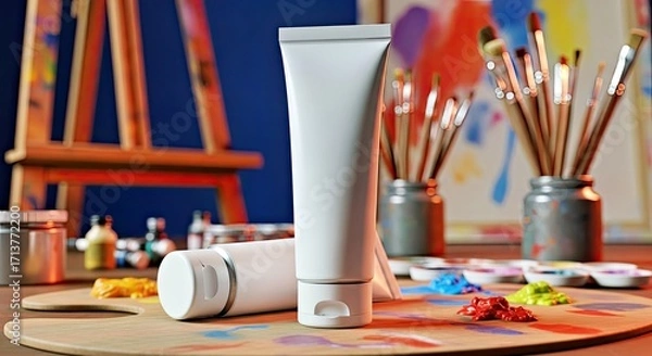 Fototapeta Vibrant Mockup of a Blank Paint Tube in an Artist's Studio (2)