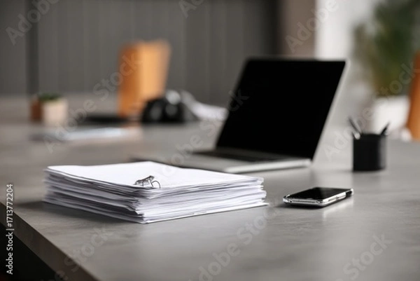 Fototapeta close-up of a desk in an office with documents, a laptop, and a phone on it, against a gray background, minimalistic style.