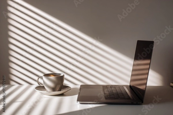 Fototapeta modern home office setup with a laptop and coffee cup on a white table in sunlight. the shadow of window blinds on the wall creates a mockup for online work or remote working concept. close-up view.
