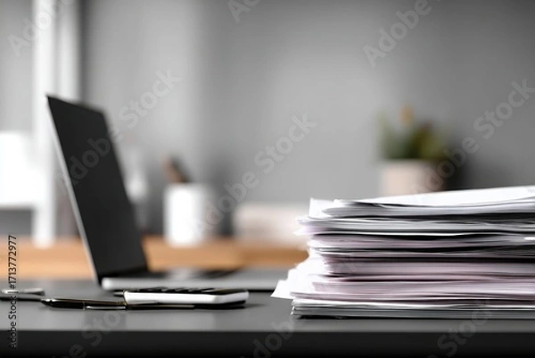 Fototapeta close-up of a desk in an office with documents, a laptop, and a phone on it, against a gray background, minimalistic style.