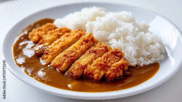 Fototapeta カリッと揚がったトンカツと白いご飯に、濃厚なカレーソースを添えた美味しそうなカツカレー