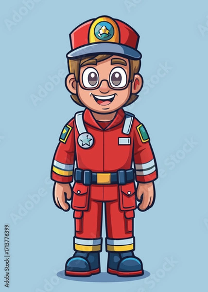 Fototapeta Smiling cartoon paramedic in red uniform