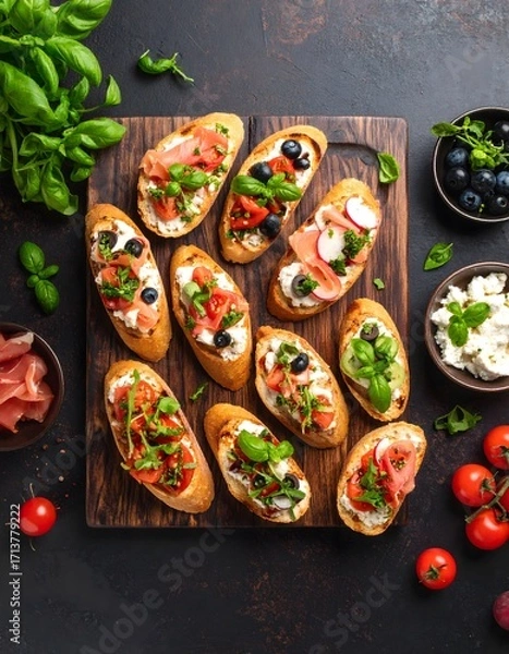 Fototapeta Overhead View of Delicious Bruschetta with Various Toppings and Fresh Ingredients