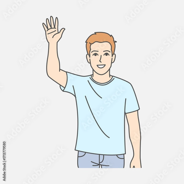 Fototapeta Illustration of a smiling man waving with a friendly demeanor