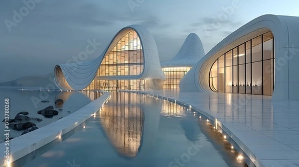 Fototapeta Unique modern museum reflecting in calm water high resolution picture