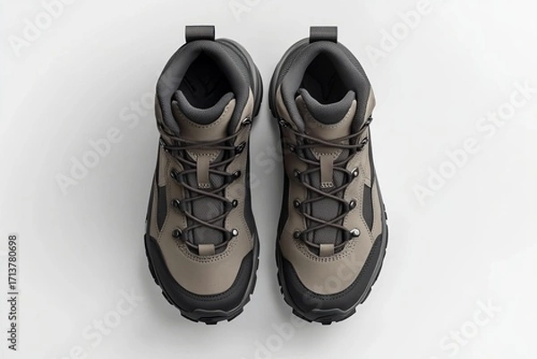 Obraz Shoe Mockup side and top view of hiking boots together, clean and professional composition, copy space, background color white, minimalism, stock vector