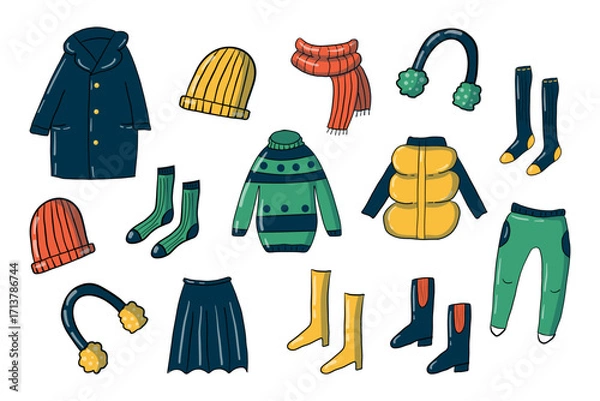 Obraz Warm autumn and winter clothing. A set of seasonal clothing and accessories, sweater, pants, coat, jacket, hat, socks, rain boots, isolated design elements on white background, hand drawing in doodle