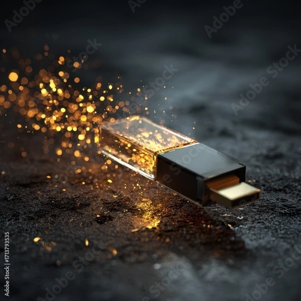 Fototapeta Glowing USB Drive - Data Transfer with Sparkling Light Effects on Dark Surface.