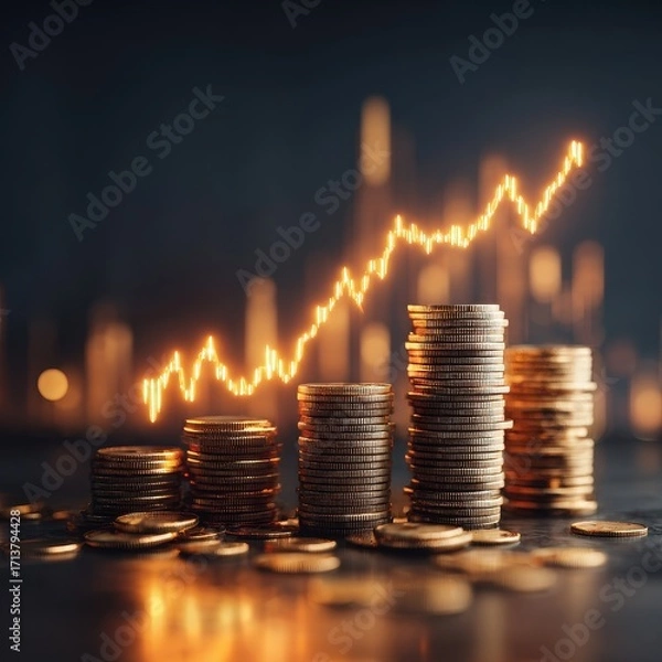 Fototapeta Golden Coin Stacks Ascending Graph Overlay, Financial Growth Concept.