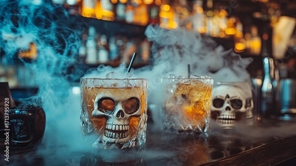 Fototapeta Halloween bar setup with fog, cobwebs, and cocktails served in skull mugs .