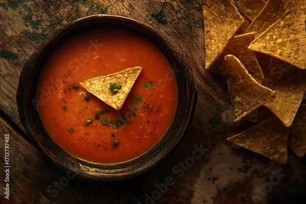 Fototapeta A bowl of tomato soup with tortilla chips on a rustic wooden table, a comforting and flavorful dish perfect for a cozy meal