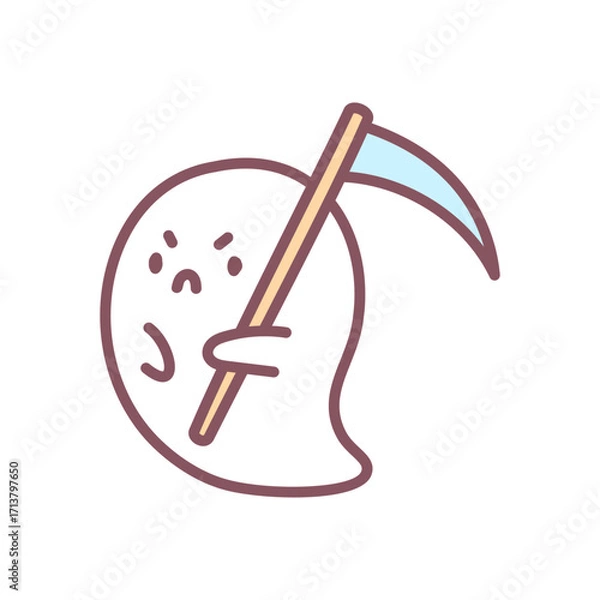 Fototapeta Cute ghost reaper icon. Funny little ghost dressed as a grim reaper with a big scythe. Doodle illustration isolated on white background. Kawaii halloween sticker. Vector 10 EPS.