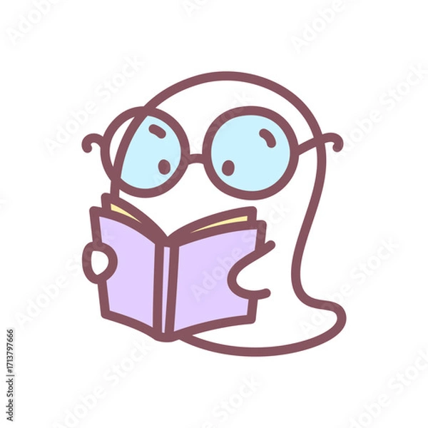Fototapeta Cute ghost with book icon. Funny little ghost wearing big glasses and reading a book. Doodle illustration isolated on white background. Kawaii halloween sticker. Vector 10 EPS.