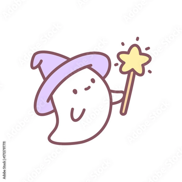 Fototapeta Cute ghost wizard icon. Funny ghost wearing a wizard hat and holding a magic star wand. Doodle illustration isolated on white background. Kawaii halloween sticker. Vector 10 EPS.