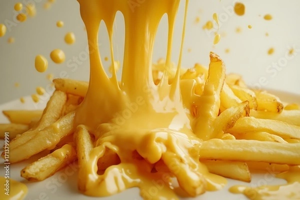 Obraz Golden french fries being drenched in a creamy, melted cheddar cheese sauce, isolated on white background, creating a delicious and indulgent snack
