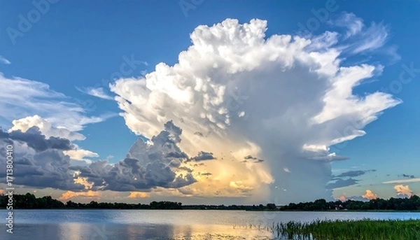 Fototapeta Dramatic sunset over a lake with towering clouds
