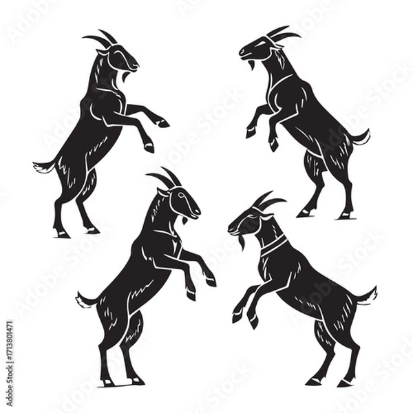 Fototapeta A captivating illustration showcasing four majestic goats, each rendered in striking silhouette against an isolated on white background, creating a visually dynamic composition