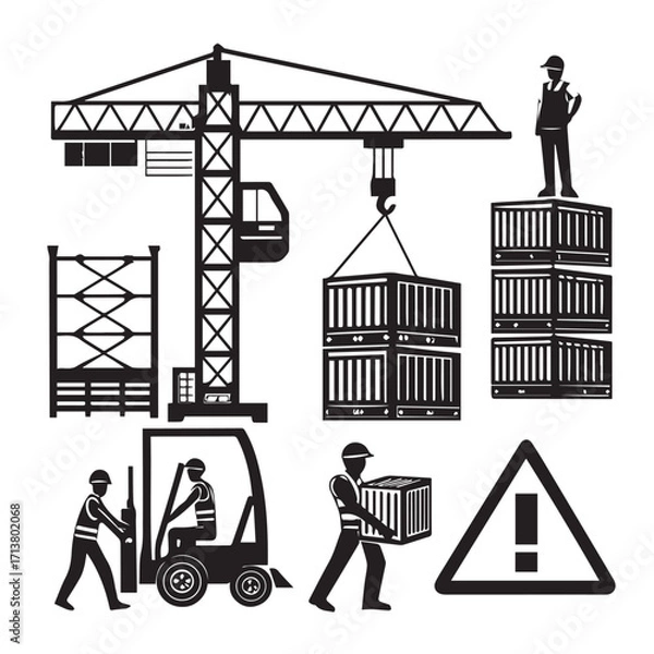 Fototapeta A detailed illustration of a construction site featuring a crane, forklift, workers, and shipping containers, isolated on white background the design represents industry, logistics, and labor