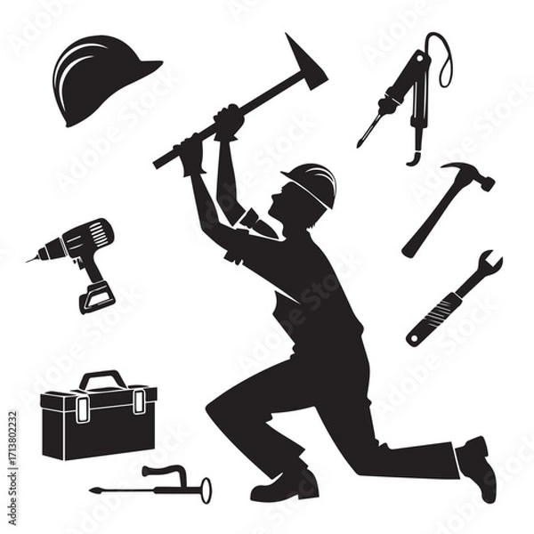 Fototapeta An illustration showcasing a construction worker with tools, including a hammer, drill, and toolbox, isolated on white background the design represents labor, skill, and craftsmanship