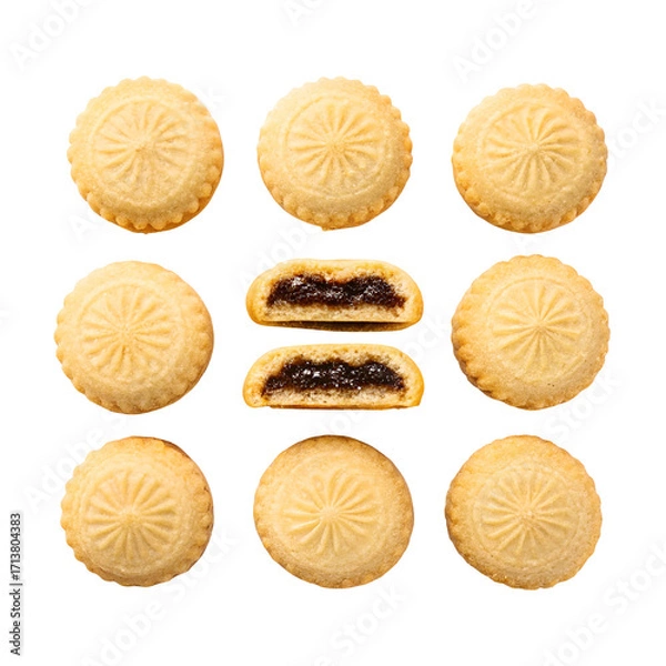 Fototapeta Assortment of Date Filled Cookies and One Cut Open on Black pastry dessert