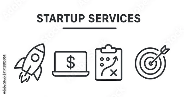 Fototapeta Essential startup services: rocket launch, digital strategy, financial planning, target achievement