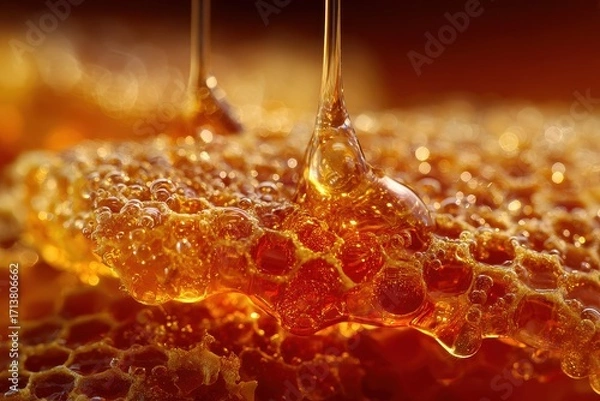 Fototapeta Golden Honey Drizzling onto Intricate Hexagonal Honeycomb Structure, Macro Close-Up.