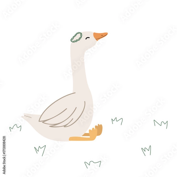 Fototapeta Sitting goose wearing chaplet in hand drawn style. Simple vector illustration for children's posters and greeting cards