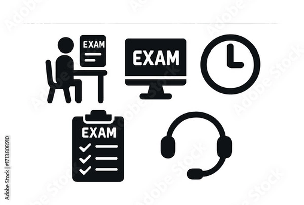 Fototapeta Exam preparation icons: student at desk, computer screen, clock, checklist, headset