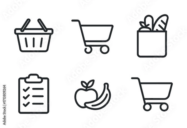 Fototapeta Shopping icons set: basket, cart, grocery bag, checklist, apple, banana