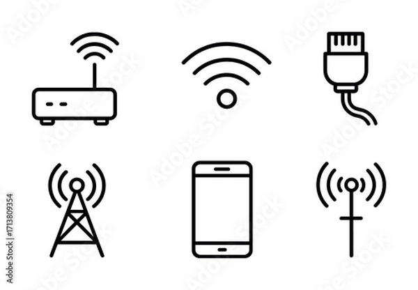 Fototapeta Icon set of internet connectivity symbols including router antenna and smartphone