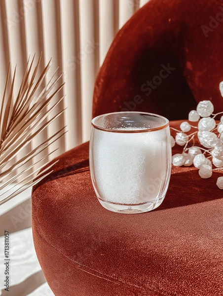 Fototapeta Glass of water sitting on top of a red velvet ottoman. the glass is transparent and has a gold rim. the background is blurred, but it appears to be a room with a window with white curtains.