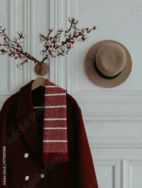 Fototapeta Coat hanging on a wooden hanger against a white wall. the coat is a deep red color with gold buttons and a white scarf with red and white polka dots.