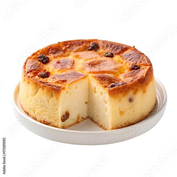 Fototapeta Baked cheesecake with raisins and a slice removed on a white plate round