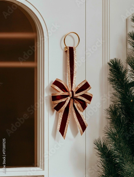 Fototapeta Red and gold ribbon hanging on a white door. the ribbon is in the shape of a large bow with a gold ring at the top.