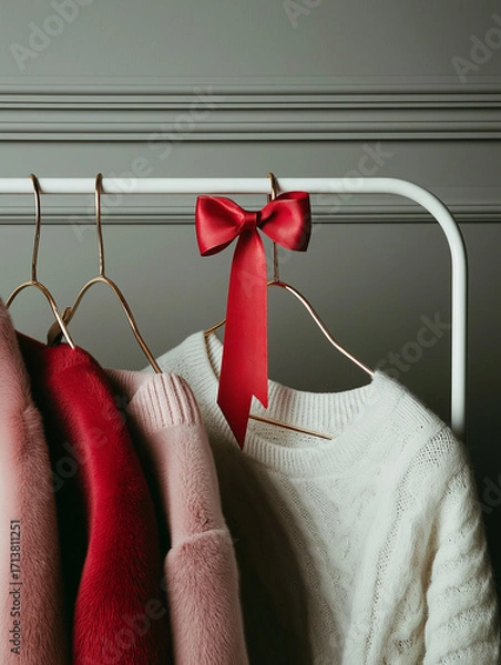 Fototapeta White metal rack with three clothes hanging on it. on the left side of the rack, there is a pink fur coat hanging from a gold hanger.