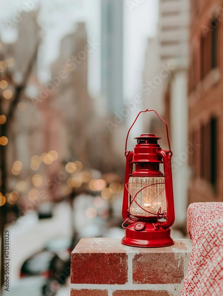 Fototapeta Red lantern sitting on top of a red brick wall. the lantern has a handle and a spout, and it appears to be old and weathered.