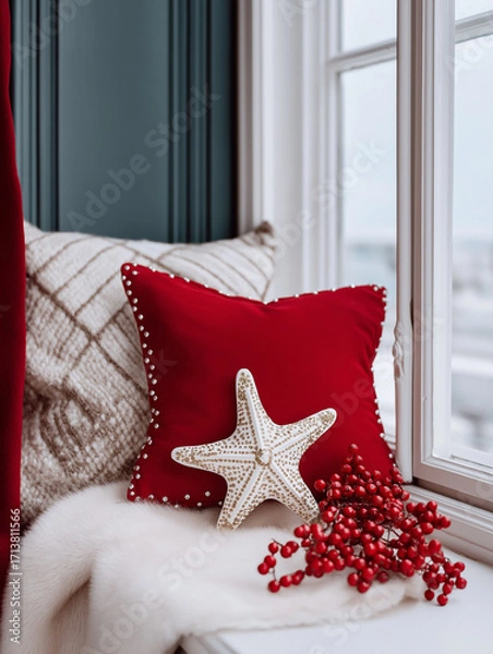 Fototapeta Window sill with a red cushion and a white starfish on it. the cushion is square in shape and has small white dots on it, giving it a starfish-like appearance.