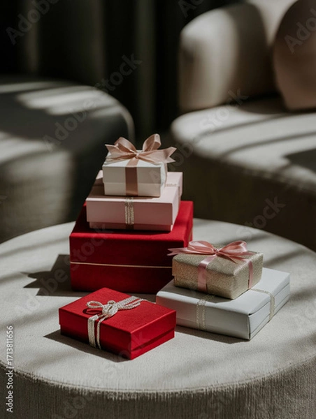 Fototapeta Stack of four gift boxes on a round table. the boxes are of different sizes and colors - one is red, one is white, and one is beige. each box has a pink ribbon tied in a bow on top.