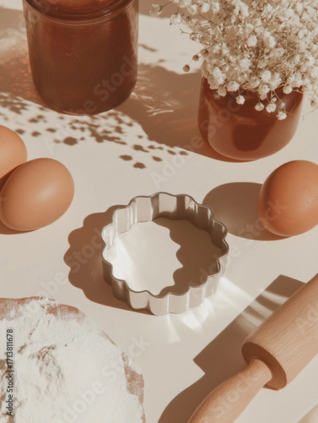 Fototapeta Flat lay of various baking ingredients and tools on a white surface. on the left side of the image, there is a jar of brown sugar, two brown eggs, and a small vase with white flowers.