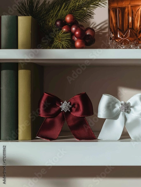 Fototapeta White shelf with three decorative items on it. on the left side of the shelf, there are three books in different colors - green, gold, and red.