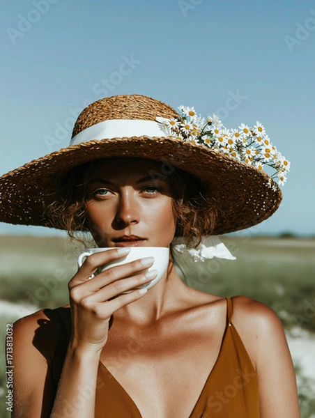 Fototapeta Portrait of a young woman wearing a large straw hat with a white ribbon around the brim. she is holding a white coffee cup in her hand and is looking directly at the camera with a serious expression.